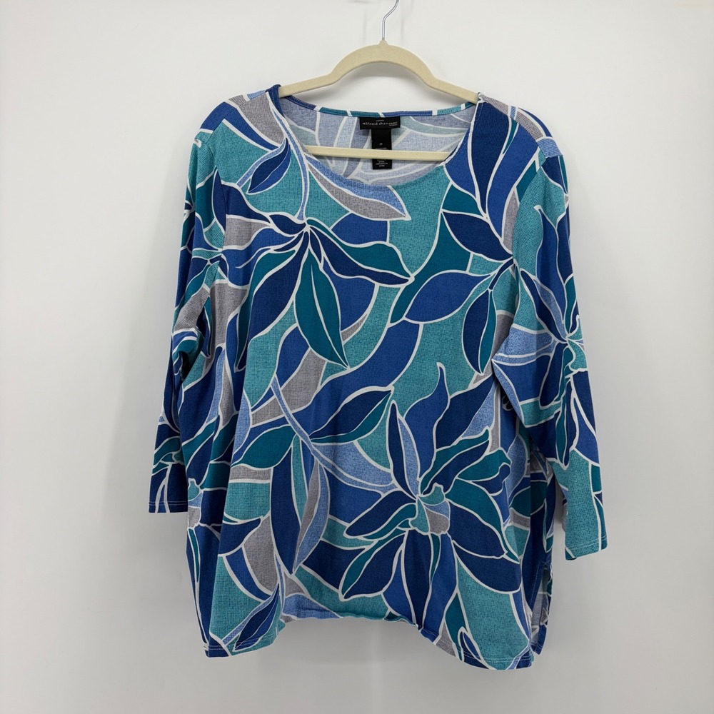 Alfred Dunner Womens 2X Blue Tropical Leaf Print 3/4 Sleeve Knit Top Scoop Neck